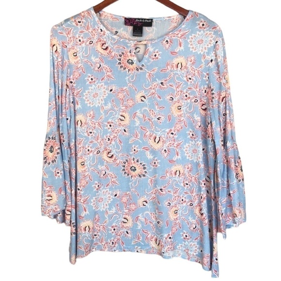 Peck & Peck Tops - Peck & Peck Floral Print Bell Sleeve Blouse Blue Coral Rayon Boho Top S